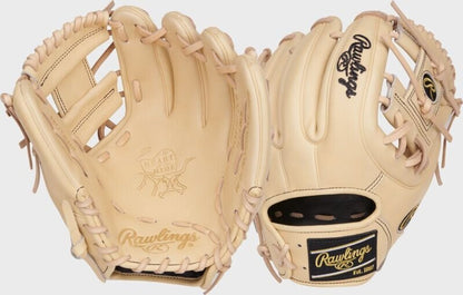 Camel baseball glove with open web and crossed lacing, Rawlings logo patch