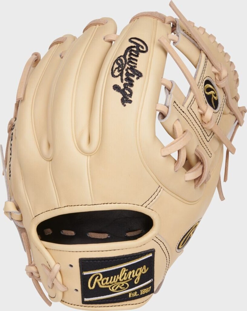 Camel baseball glove with black accents, Rawlings Heart of the Hide logo on palm