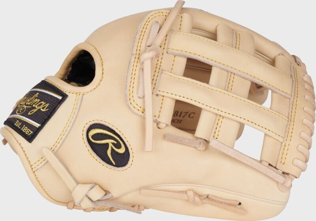 Blonde Rawlings baseball glove with wrist strap and side emblem patch