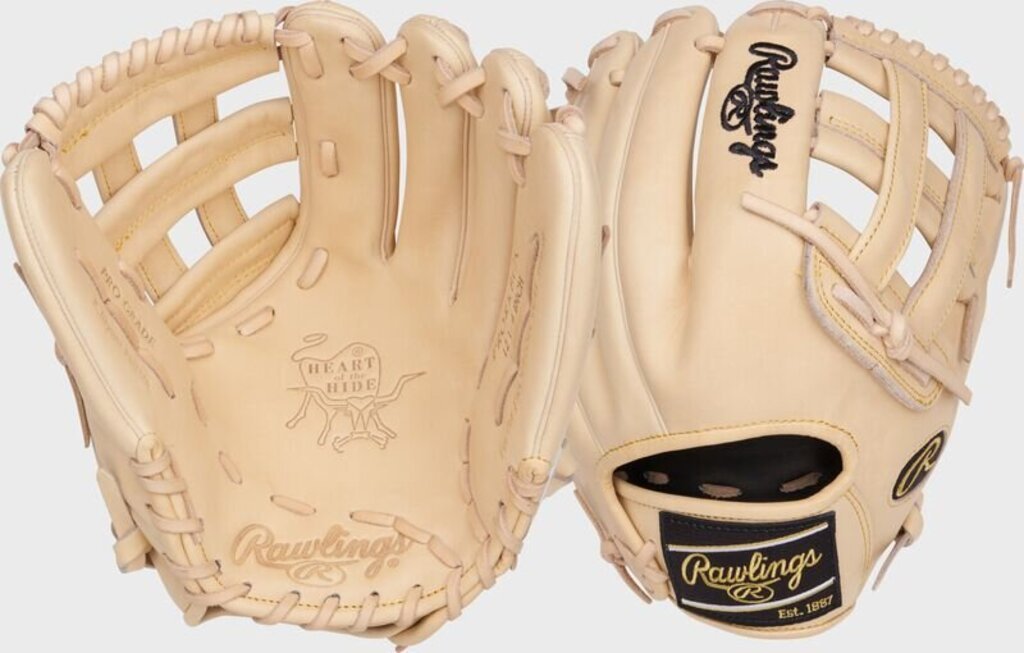 Blonde Rawlings baseball glove set, showing full pocket and closed web