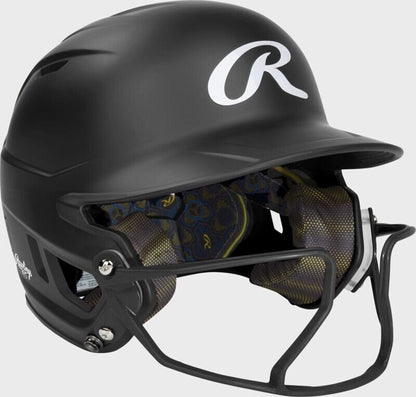 Rawlings black fastpitch batting helmet with side profile and face guard