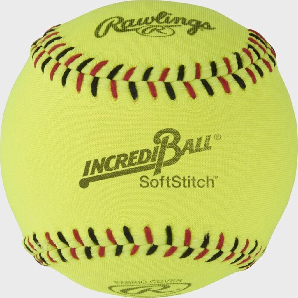 Yellow Rawlings training softball with SoftStitch and IncrediBall logo, red stitch seams