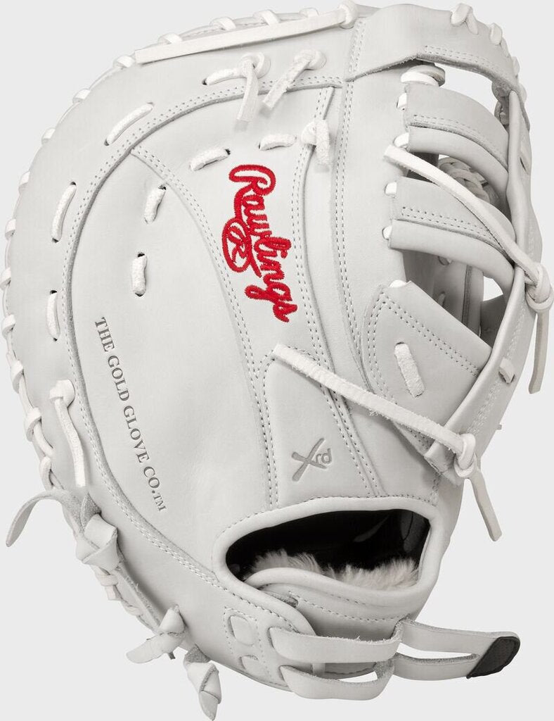White fastpitch first base mitt with red logo, curved pocket opening and lacing