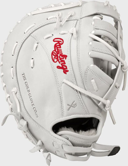 White fastpitch first base mitt with red logo, curved pocket opening and lacing
