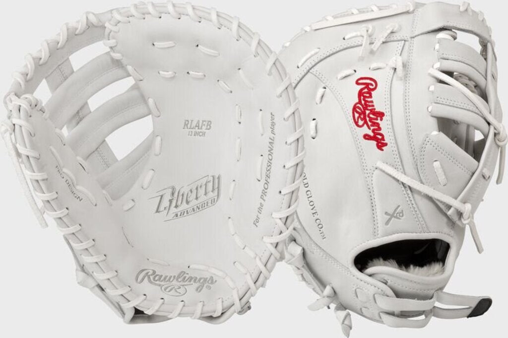 White fastpitch first base mitt with red logo, laced web and pocket, RHT