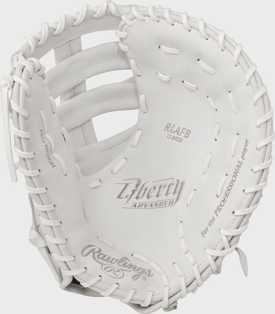 White first base mitt with open web and padded pocket, detailed lacing