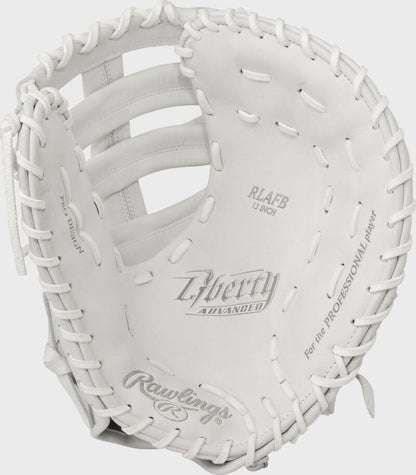 White first base mitt with open web and padded pocket, detailed lacing