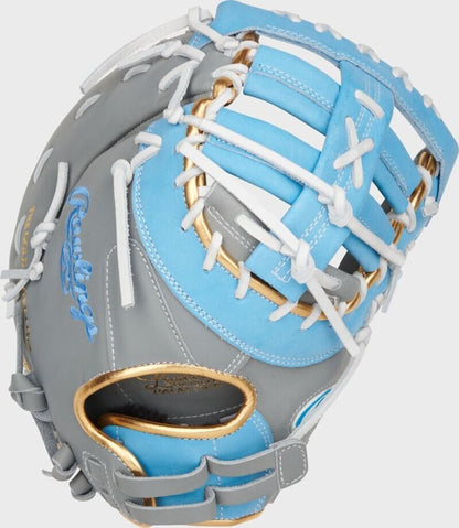 Grey and light-blue first base softball mitt with open pocket and cross lacing, gold trim