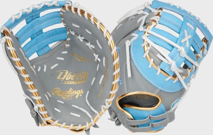 Grey and light-blue first base softball mitt with white lacing and gold trim, open pocket