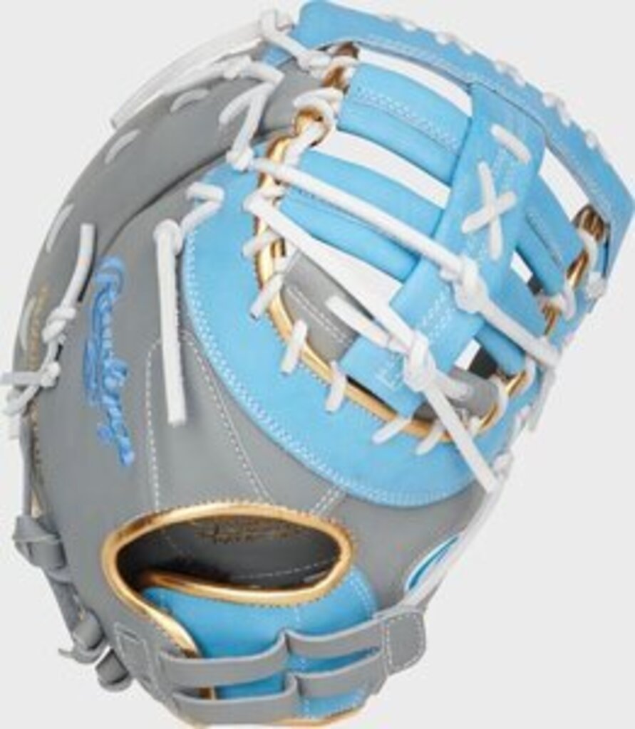 Grey and light-blue first base softball mitt with open pocket, white lacing, and gold lining
