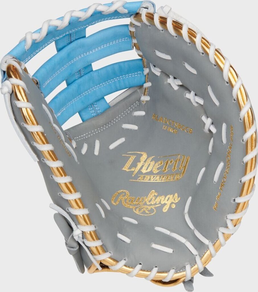 Grey first base softball mitt with light-blue webbing, white laces, and gold trim