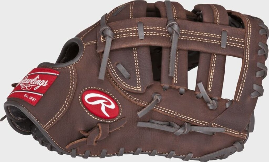 Rawlings brown baseball first base mitt, side view with red Rawlings patch and R logo