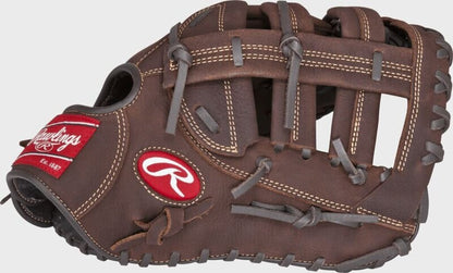 Rawlings brown baseball first base mitt, side view with red Rawlings patch and R logo
