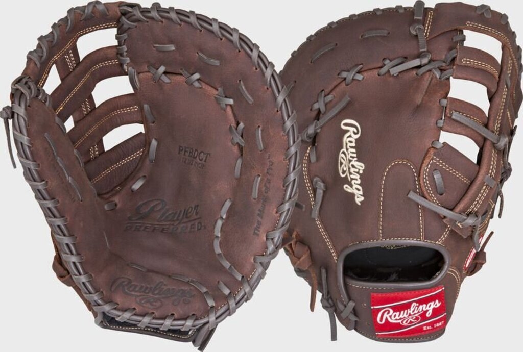 Rawlings 12.5" brown baseball first base mitt, closed web, laced leather, brand patch