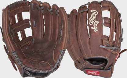 Brown leather slowpitch softball glove with open web and lace-up wrist strap