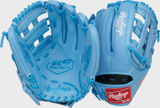 Baseball glove in light blue with open web and laced pocket, RS9 Series logo.