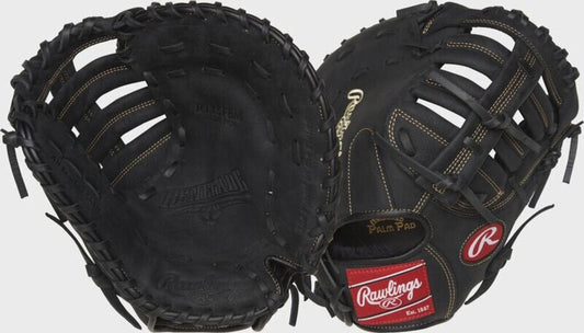 Rawlings black youth first base baseball mitt with open web and red Rawlings logo patch