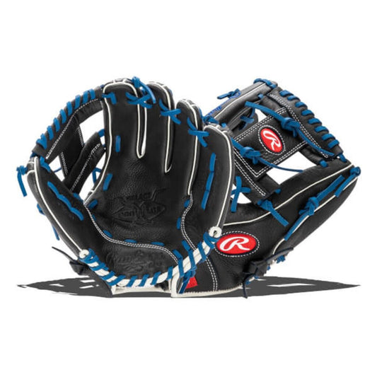 Youth black baseball glove with blue lacing and web, pro-style pocket