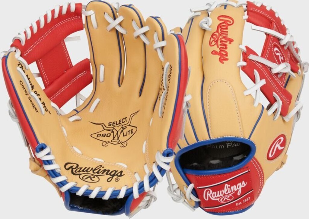 Youth baseball glove in tan leather with red web and blue lacing, 11-inch size