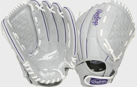Grey and purple fastpitch softball glove with open pocket and white lacing