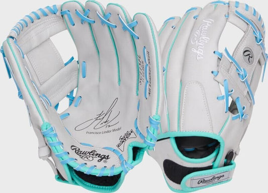 Youth baseball glove, grey leather with turquoise and blue web, open pocket.