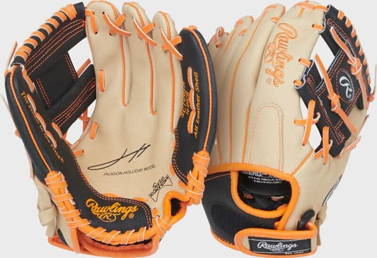 Tan youth baseball glove with black laces and orange piping, RHT web
