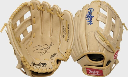 Youth baseball glove in blonde leather with yellow laces, Rawlings logo and web