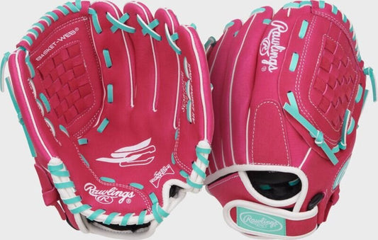 Youth fastpitch glove in pink, mint trim, white laces, open web