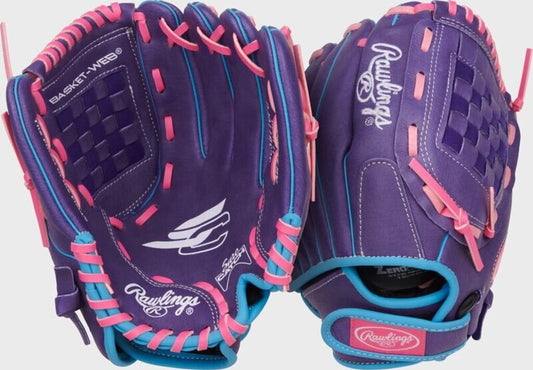 Youth 11 in fastpitch softball glove, purple with blue and pink accents