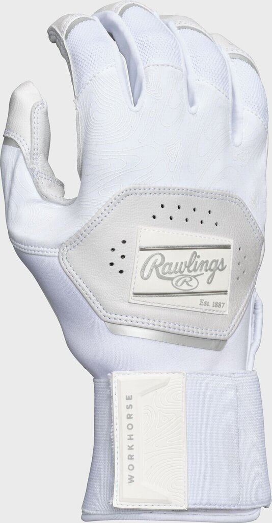 White Rawlings batting gloves with perforated palm panel and compression strap cuff