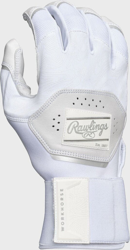 White Rawlings batting gloves with perforated palm panel and compression strap cuff