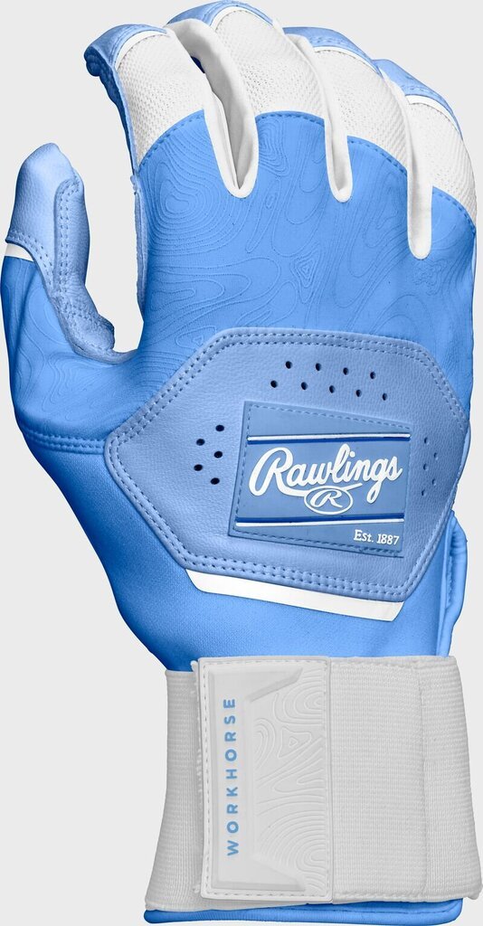 Blue and white Rawlings batting gloves with perforated palm and compression strap