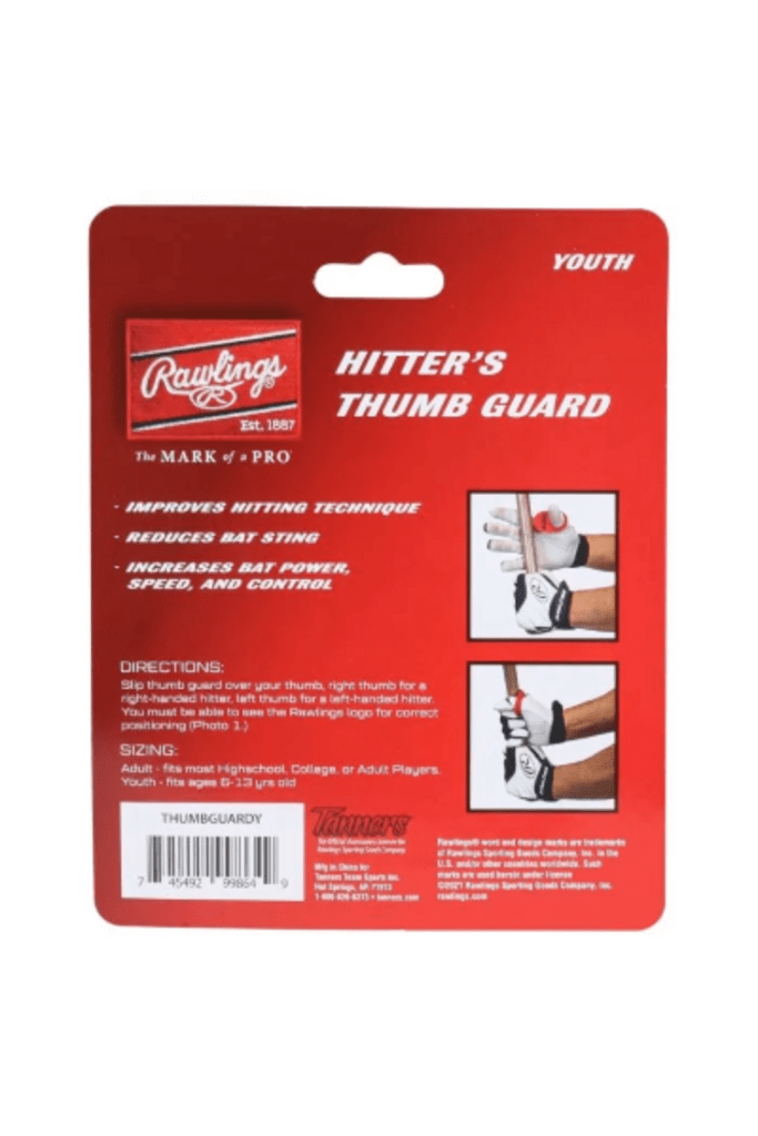 Youth hitter's thumb guard packaging, red card with thumb guard graphic