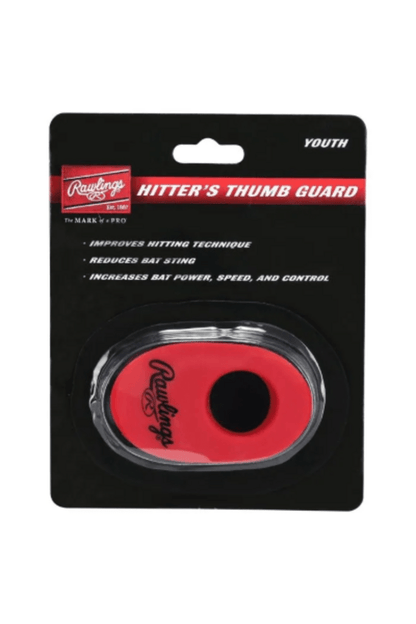 Youth hitter's thumb guard with red pad and black backing