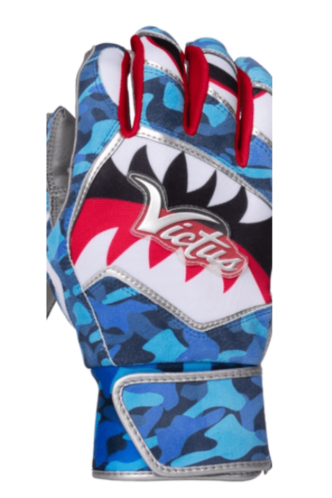 Batting gloves blue camo with gray back padding and red wrist straps, Victus logo