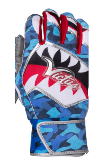 Batting gloves blue camo with gray back padding and red wrist straps, Victus logo