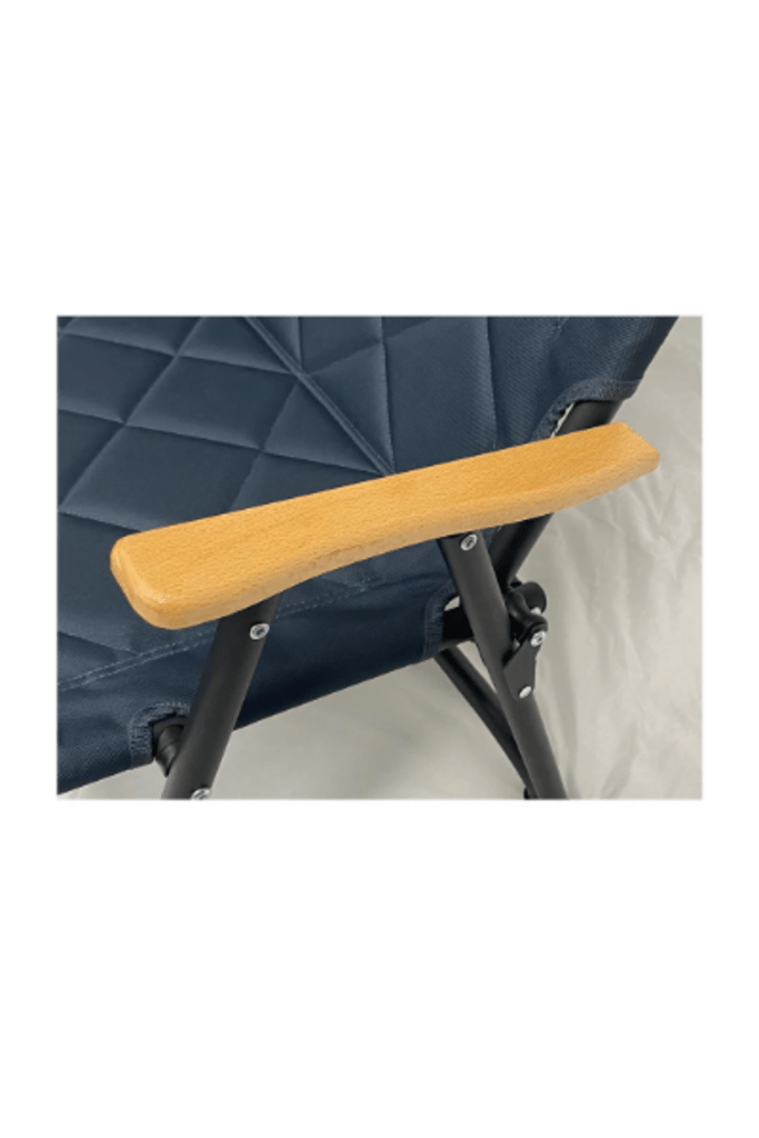 Portable bench with quilted dark fabric panel and wooden armrest bar