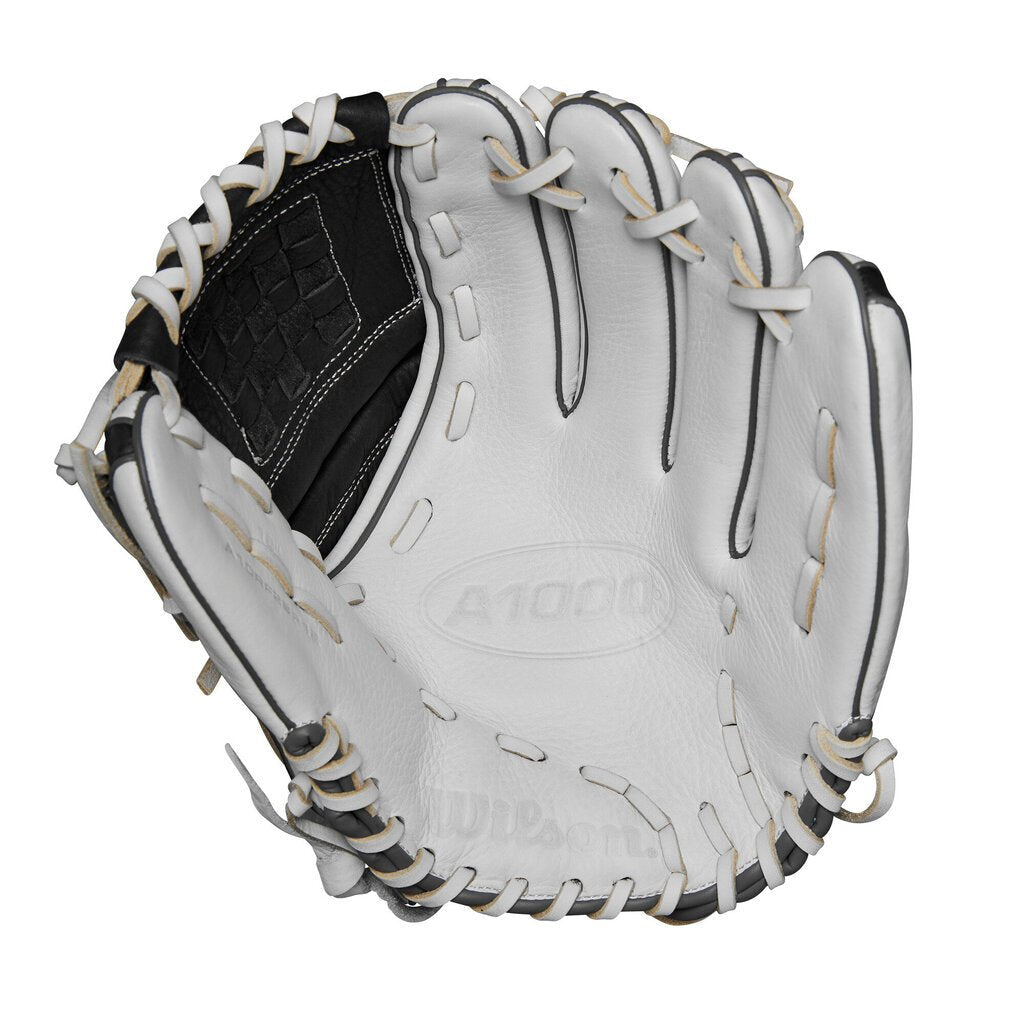 Fastpitch softball glove, white leather with black side panel and tan laces