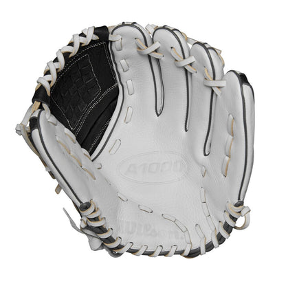 Fastpitch softball glove, white leather with black side panel and tan laces