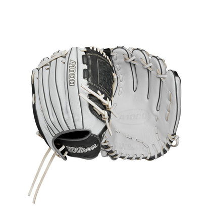 Fastpitch softball glove, white palm with black pocket and laced web, left-hand throw