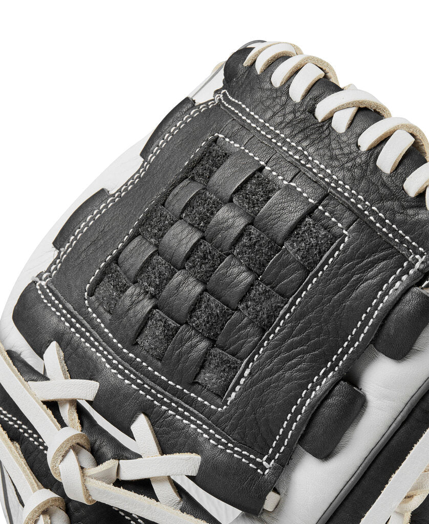 Fastpitch softball glove close-up, dark webbing pocket with tan lacing and stitched edges