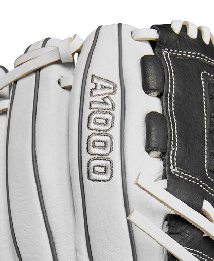 Fastpitch softball glove close-up, white back with ALDOO0 Wilson text patch and black trim