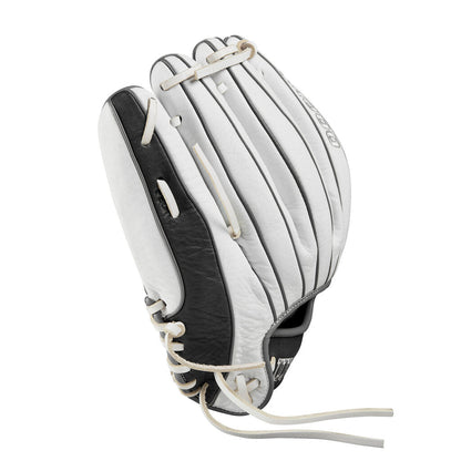 Fastpitch softball glove, white back with black inner palm and tan lacing ties