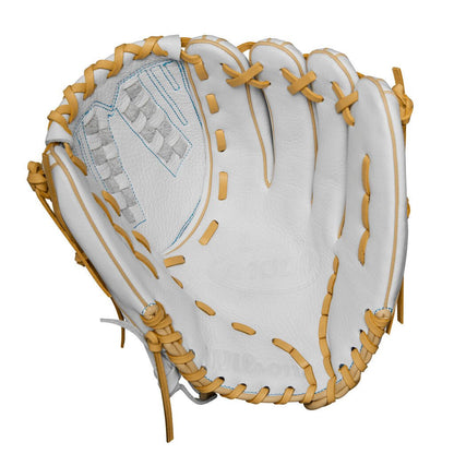 White fastpitch softball glove with light-blue trim and tan lacing, back view