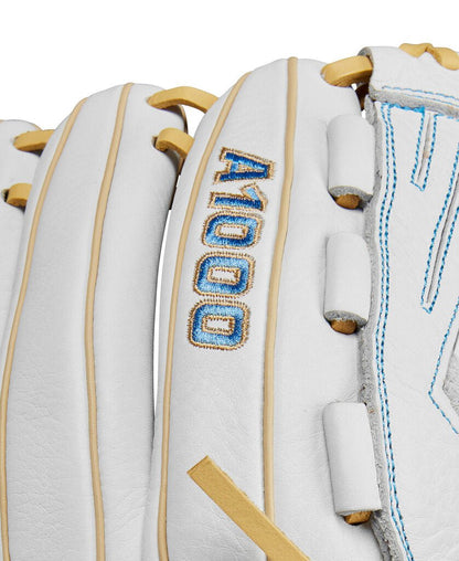 Close-up of '1000' embroidery on white fastpitch glove with blue stitching