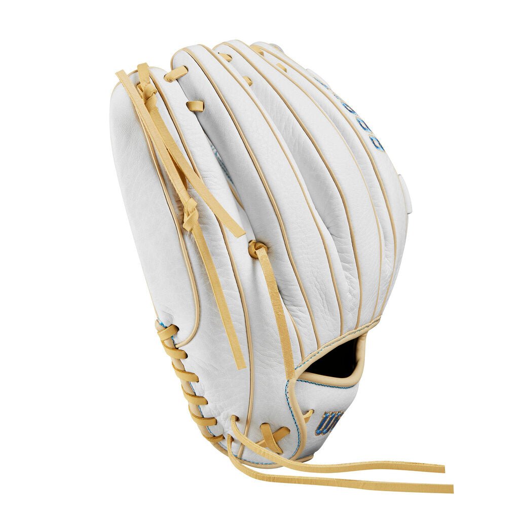 White fastpitch softball glove with vertical pocket laces and tan leather straps