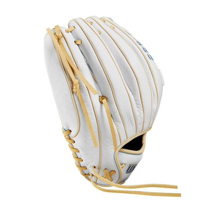 White fastpitch softball glove with vertical pocket laces and tan leather straps