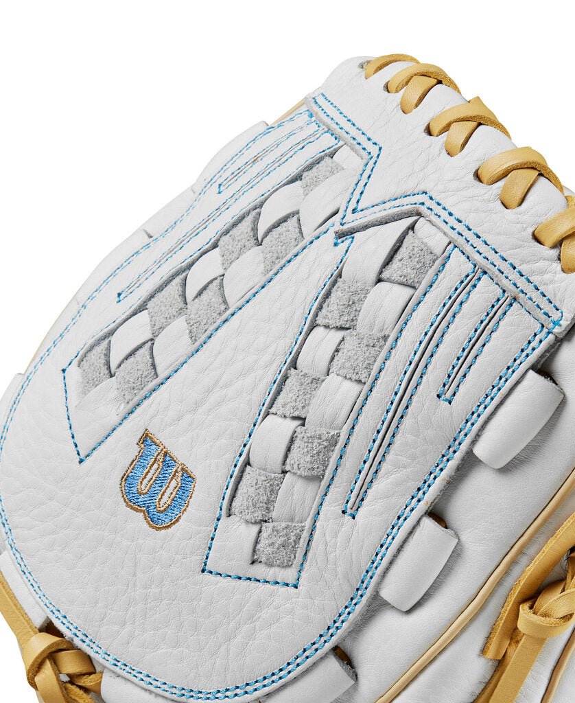 Close-up of white and light-blue glove back with gray webbing and Wilson logo