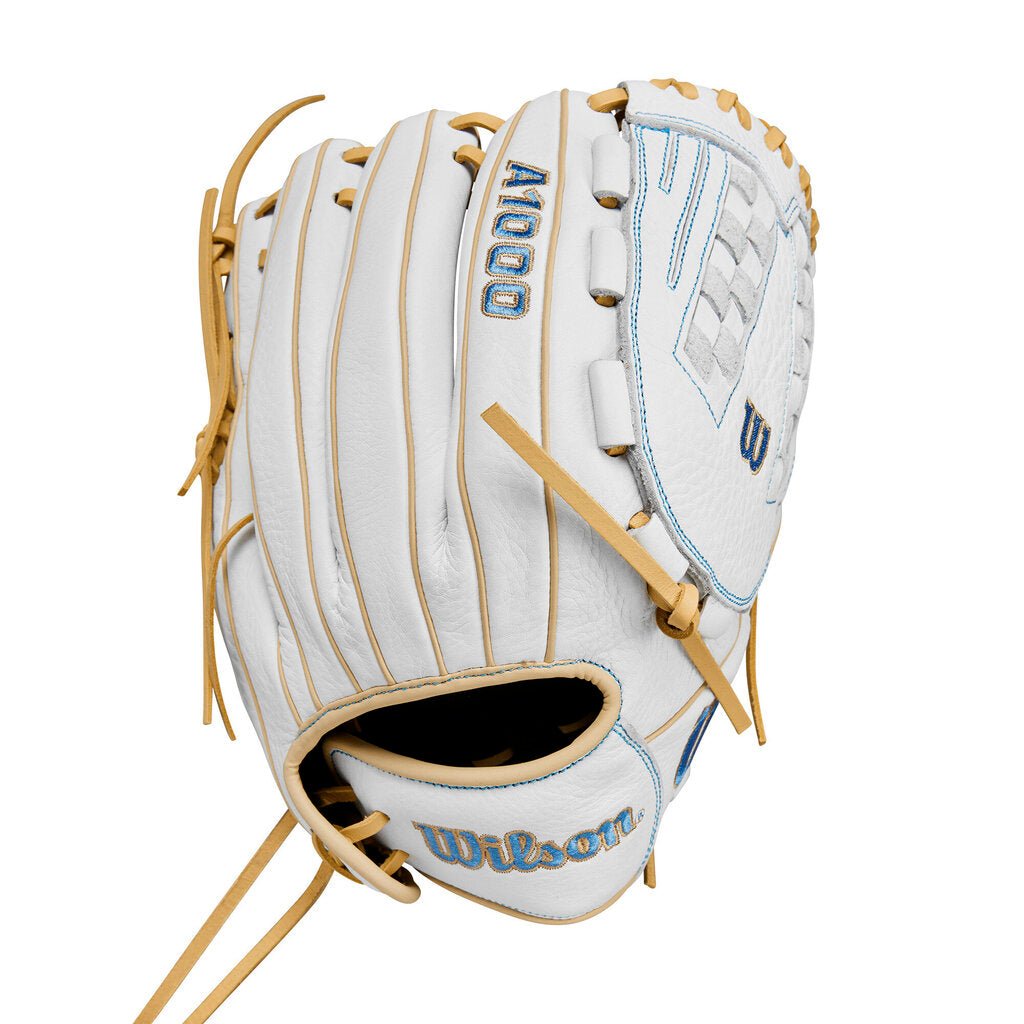 White and light-blue fastpitch softball glove with tan finger stalls and web