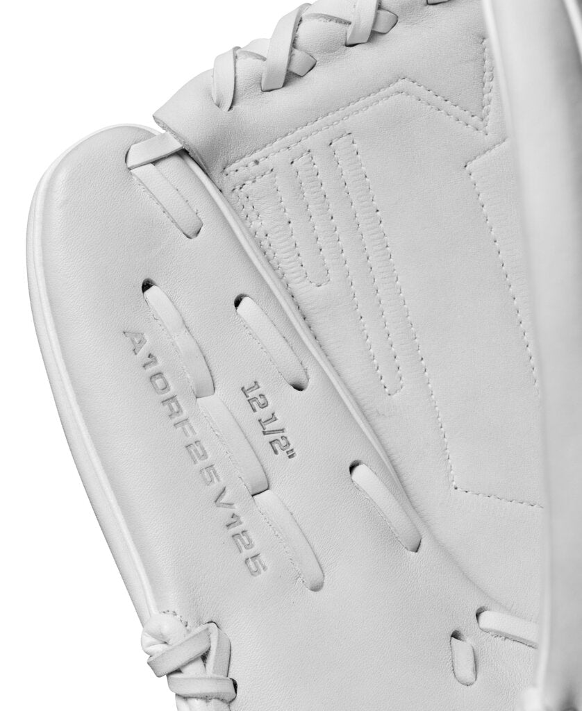 White fastpitch softball glove close-up of wrist panel and stitched logo accents